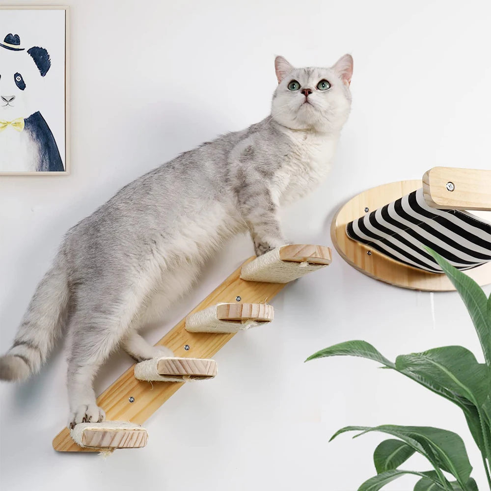 NEW EVEREST™3Pcs Cat Hammock with Four Step Sisal Stairways or Scratching Posts Set Wall Mounted Wooden Cats Furniture Climbing Shelf Perch