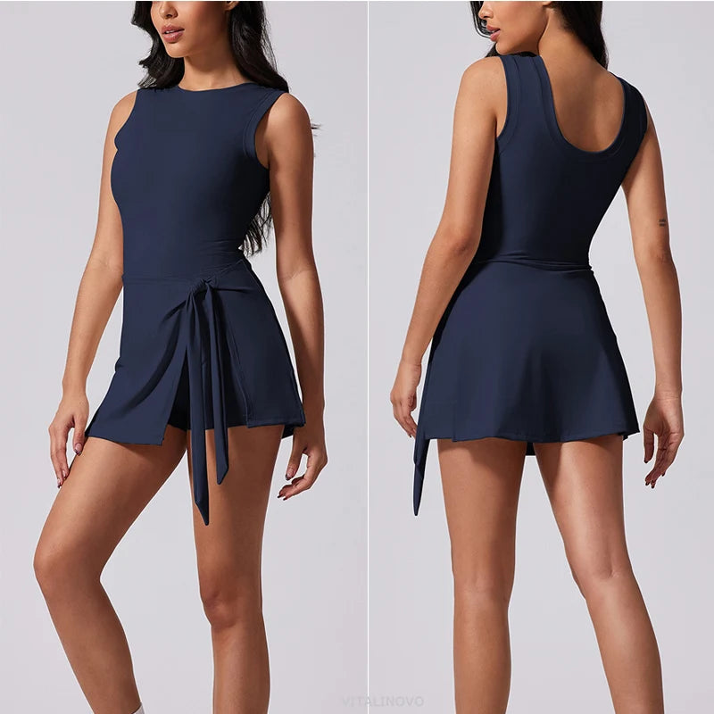 VITALINOVO™ | Women’s Sleeveless Tennis Dress with Built-In Shorts – Boat Neck Athletic Skort Dress for Active Workouts & Sports