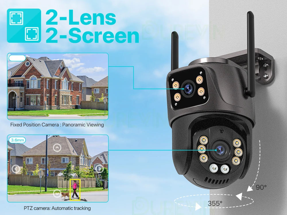 ZOONE™️Security Camera 4K 8MP HD Wifi PTZ Camera Outdoor 4MP Dual Lens Dual Screen AI Auto Tracking IP Camera CCTV Audio Video Surveillance P2P iCSee