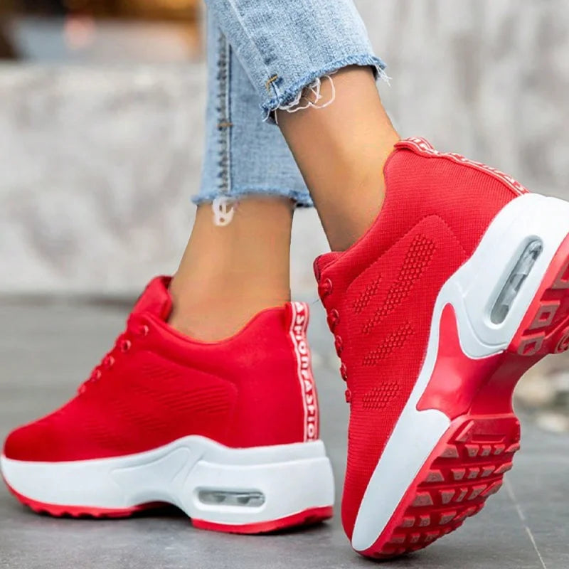 FOOTIQUE™ 2025 NEW Women Sport Shoes Air Cushion Sneakers Air Mesh Runing Training Red Shoes Non-Slip Lace Up Shoes