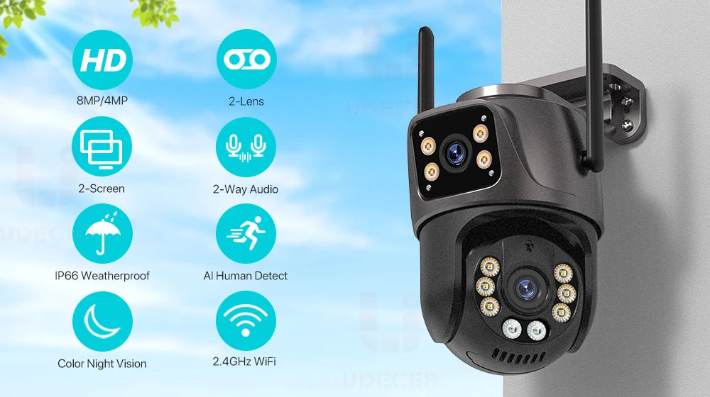 ZOONE™️Security Camera 4K 8MP HD Wifi PTZ Camera Outdoor 4MP Dual Lens Dual Screen AI Auto Tracking IP Camera CCTV Audio Video Surveillance P2P iCSee