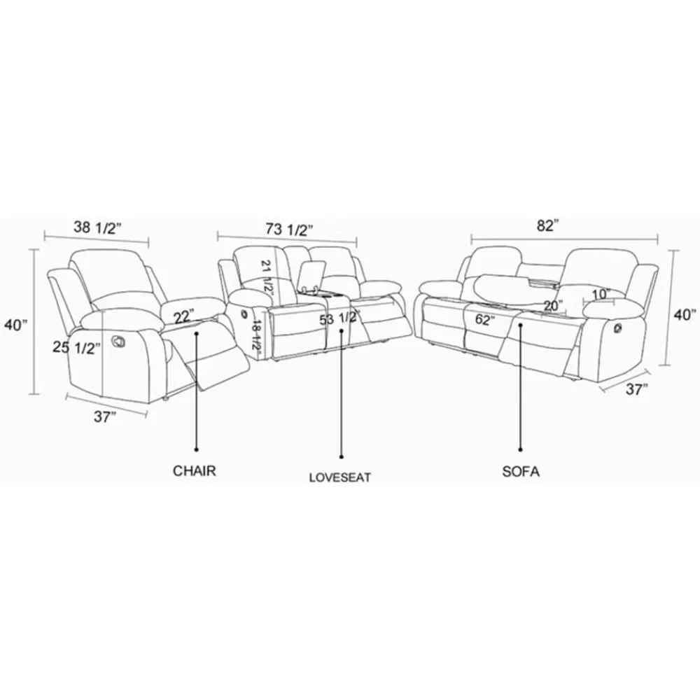 ROYAAL ™Living Room Sofa Set 3PCS Fabric Recliner Sofa Set Loveseat Couch Chair Set with Cup Holders Storage Console Living Room Furniture Sets