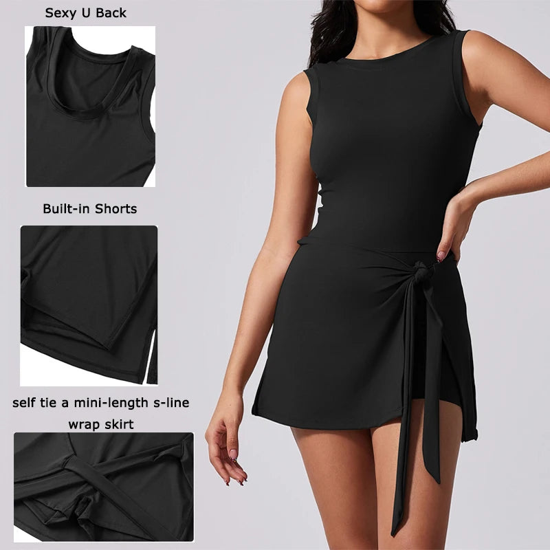 VITALINOVO™ | Women’s Sleeveless Tennis Dress with Built-In Shorts – Boat Neck Athletic Skort Dress for Active Workouts & Sports