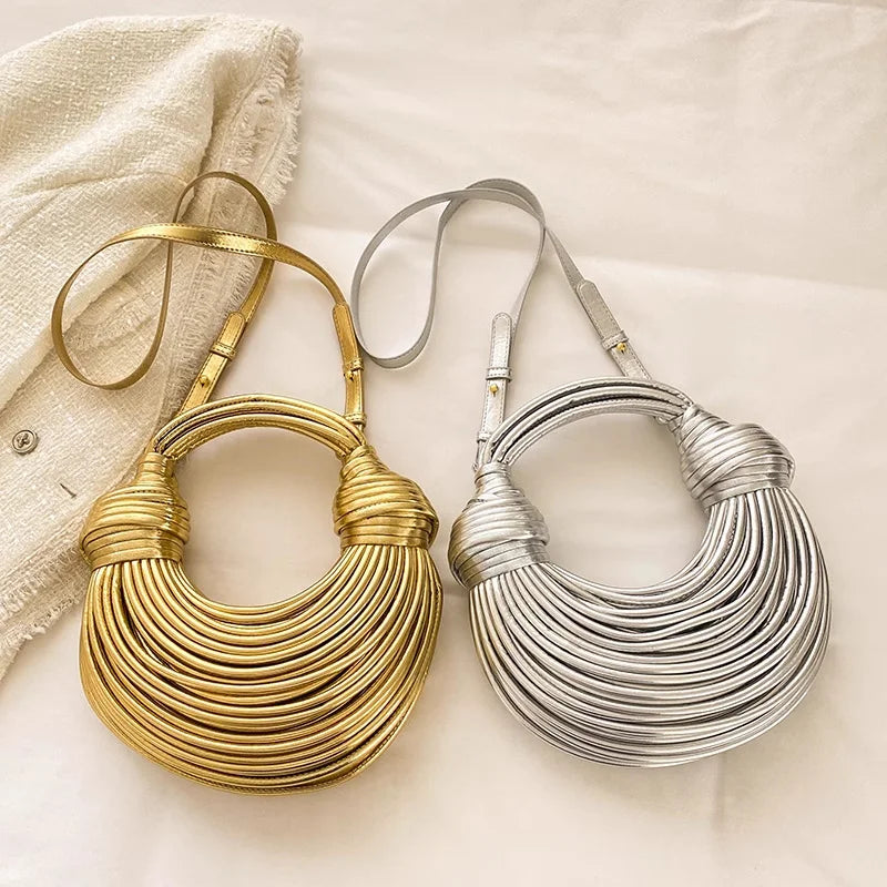 LUXEWEAVE™ | 2024 Women’s Luxury Handwoven Rope Knot Hobo Bag – Gold & Silver Designer Evening Clutch