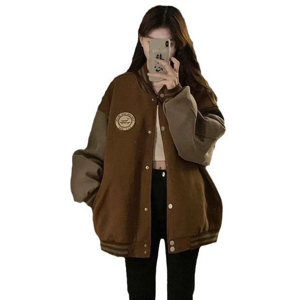 LAZYCHIC™ Retro Plush Baseball Jacket for Women Autumn/Winter Thickened Loose Fit Casual Outerwear