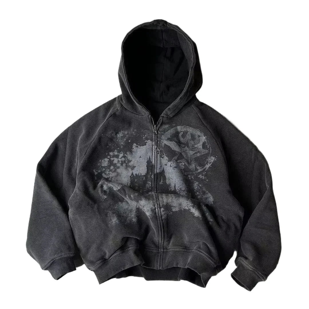 SKULLHAVEN™ | Dark Y2K Gothic American Retro Skull Print Zipper Hoodie – Unisex Autumn/Winter Streetwear Couple’s Hooded Coat