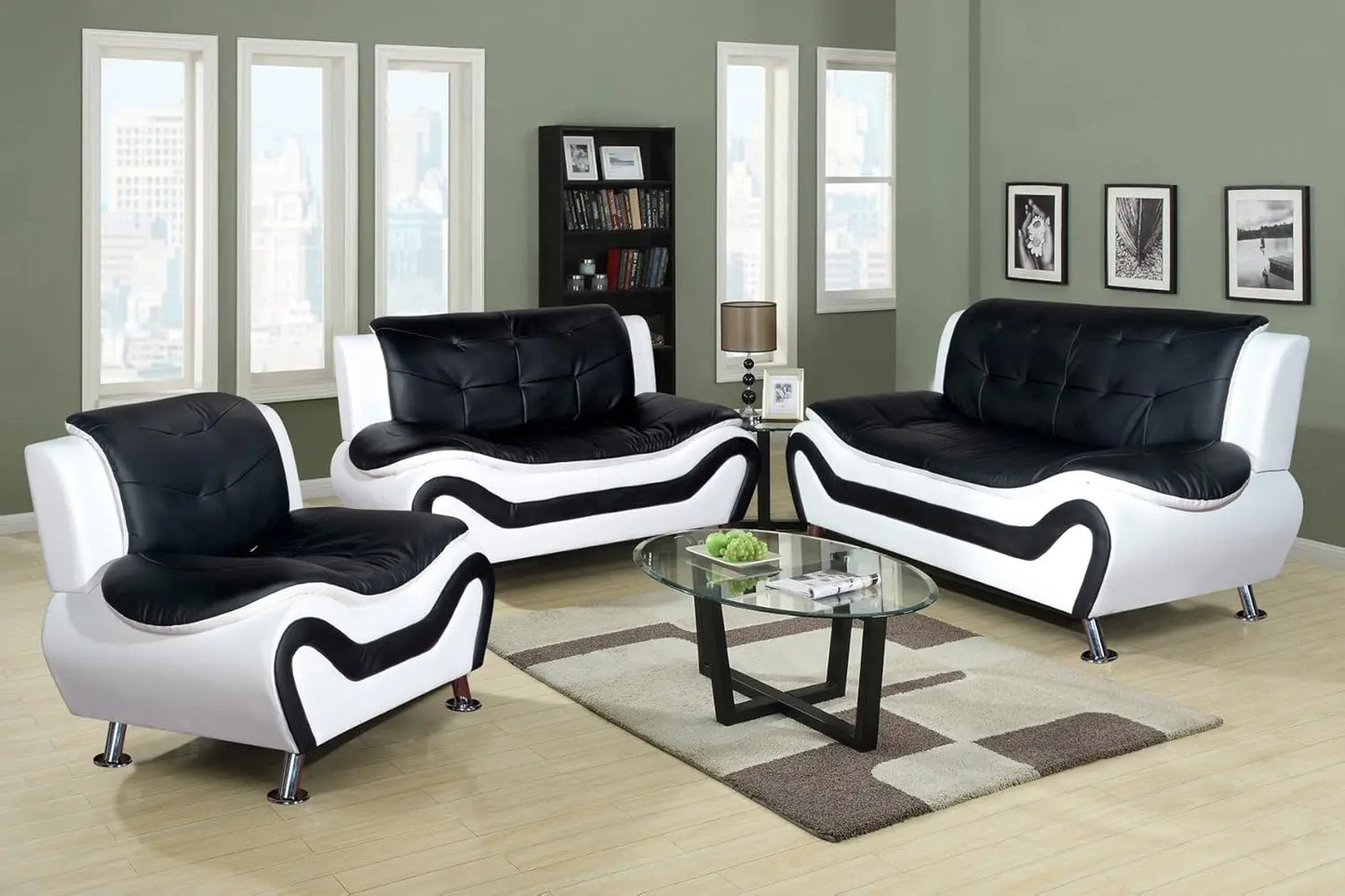 COZYREST™ Sofa Living Room, 3 Piece Modern Faux Leather Sofa Set, Simple Assembly Required Button Tufted Couch Sofa Furniture, Sofas