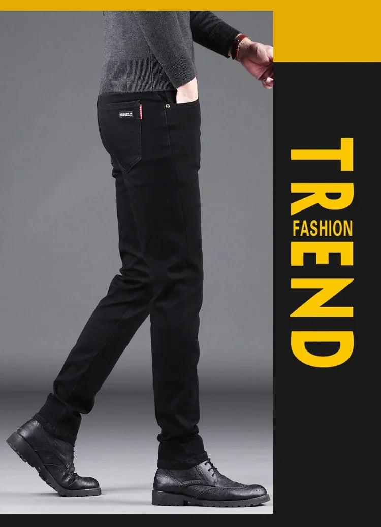 NEXDENIM™ | Men’s Pure Black Slim Jeans – Elastic Straight Fit Korean Vintage Denim Pants for Business & Casual Wear