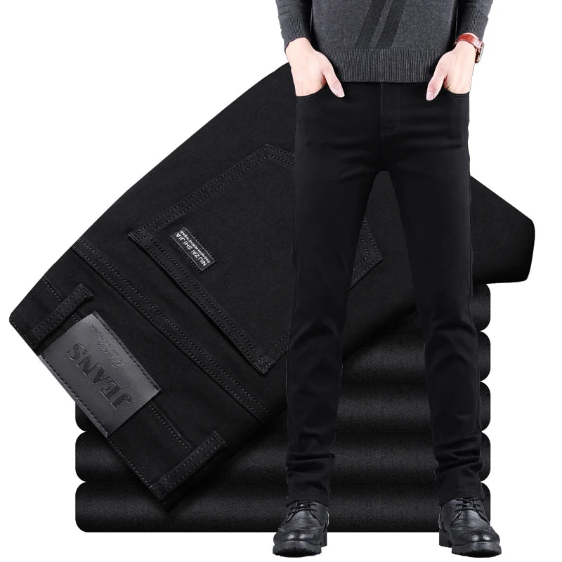 NEXDENIM™ | Men’s Pure Black Slim Jeans – Elastic Straight Fit Korean Vintage Denim Pants for Business & Casual Wear