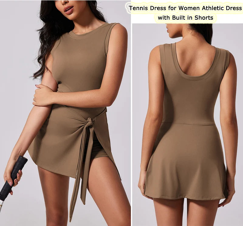 VITALINOVO™ | Women’s Sleeveless Tennis Dress with Built-In Shorts – Boat Neck Athletic Skort Dress for Active Workouts & Sports