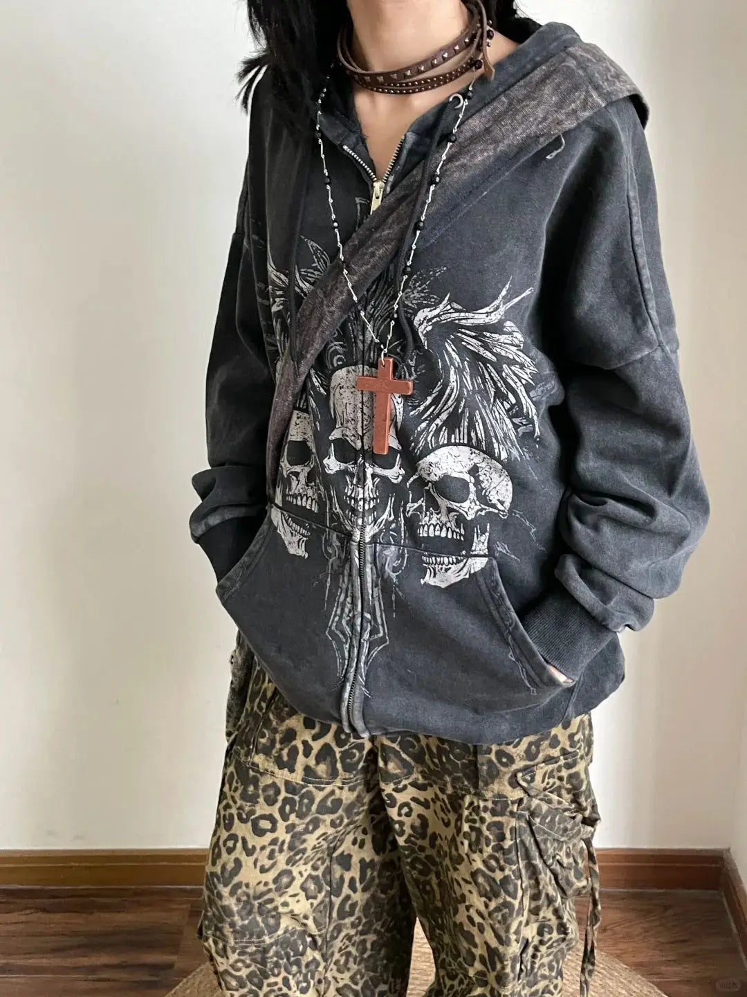 SKULLHAVEN™ | Dark Y2K Gothic American Retro Skull Print Zipper Hoodie – Unisex Autumn/Winter Streetwear Couple’s Hooded Coat