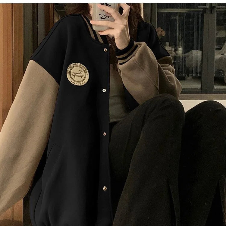 LAZYCHIC™ Retro Plush Baseball Jacket for Women Autumn/Winter Thickened Loose Fit Casual Outerwear