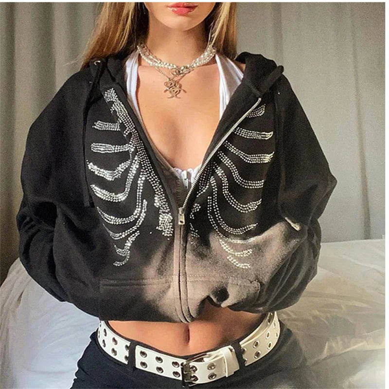 CHILL&THRILL™|Women Black Zip Up Oversized Sweatshirt, Streetwear Y2K Rhinestone Skeleton Hoodie