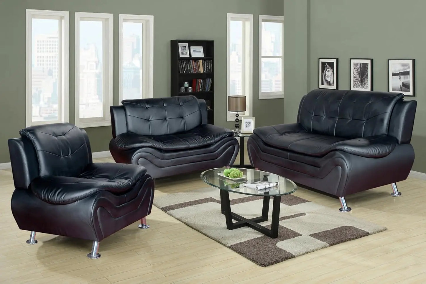 COZYREST™ Sofa Living Room, 3 Piece Modern Faux Leather Sofa Set, Simple Assembly Required Button Tufted Couch Sofa Furniture, Sofas