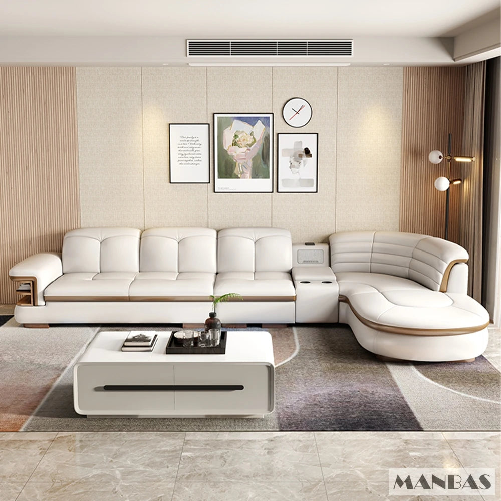 EXTRALUX ™Luxury L-Shaped Genuine Leather Sectional Sofa Sets with USB, Bluetooth Speaker - MINGDIBAO Living Room Italian Leather Couches