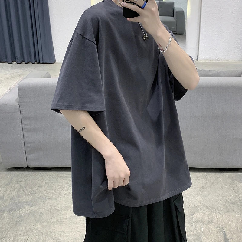 URBANEDGE™ Oversized Summer Short Sleeve Men's T Shirt New Fashion Solid Color Loose Fit O-Neck Casual Cotton Top Hip Hop Streetwear Baggy Tees Plus Size 5XL