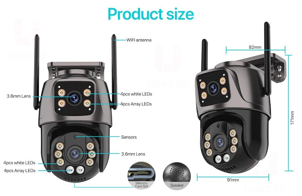 ZOONE™️Security Camera 4K 8MP HD Wifi PTZ Camera Outdoor 4MP Dual Lens Dual Screen AI Auto Tracking IP Camera CCTV Audio Video Surveillance P2P iCSee