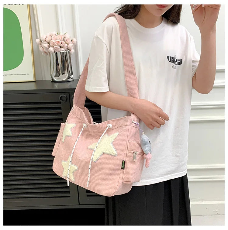 STARLOOM™ Simple Star Pattern Large Tote Bag, Corduroy Drawstring Shoulder Bag, Cute Tote Canvas Bag