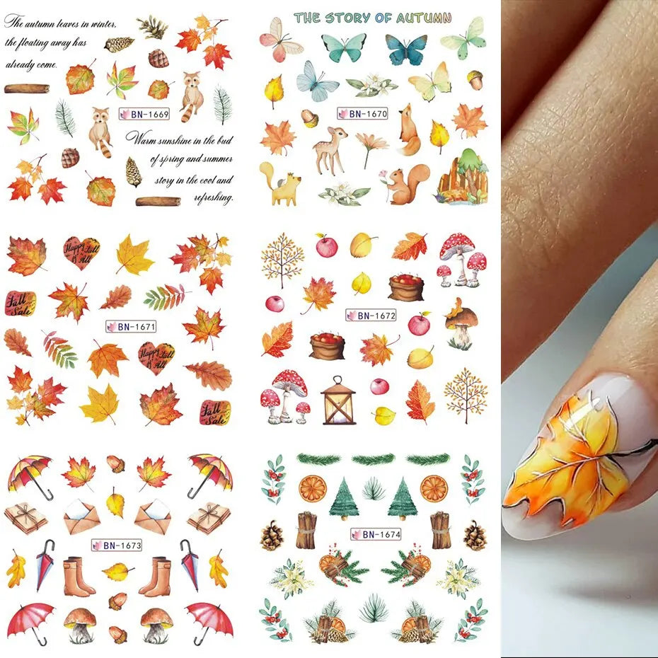 UP nail™ 12pcs Fall Gold Leaves Nail Stickers Sliders for Manicure Maple Leaf Nail Art Water Transfer Decals Foils Autumn Decorations