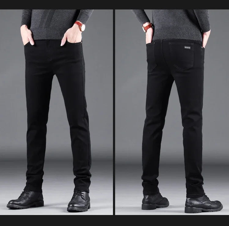 NEXDENIM™ | Men’s Pure Black Slim Jeans – Elastic Straight Fit Korean Vintage Denim Pants for Business & Casual Wear