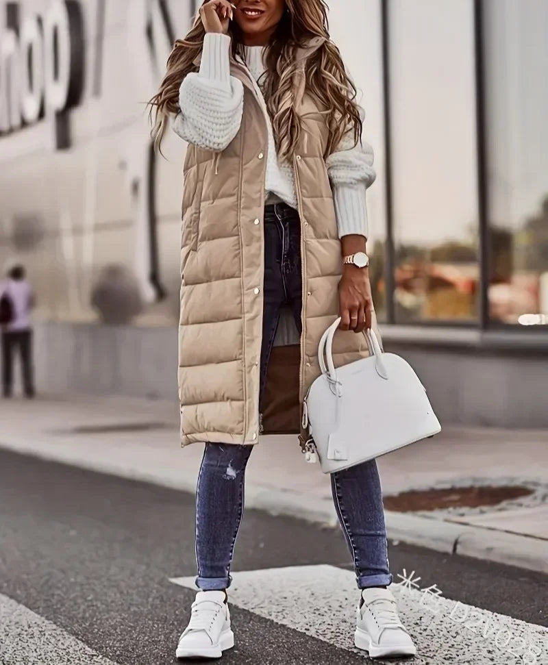 ELZO™ Chic Hooded Zipper Jacket Autumn Winter Women Long Oversize Waistcoat Sleeveless Fashion Warm Quilted Vest Down Coat