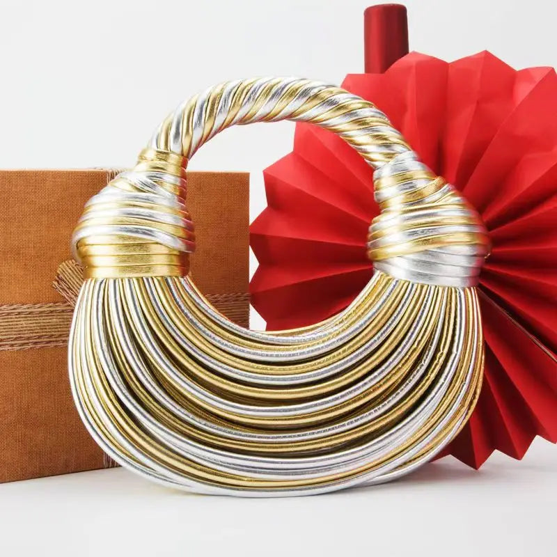 LUXEWEAVE™ | 2024 Women’s Luxury Handwoven Rope Knot Hobo Bag – Gold & Silver Designer Evening Clutch
