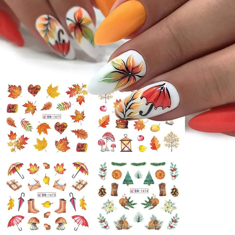 UP nail™ 12pcs Fall Gold Leaves Nail Stickers Sliders for Manicure Maple Leaf Nail Art Water Transfer Decals Foils Autumn Decorations