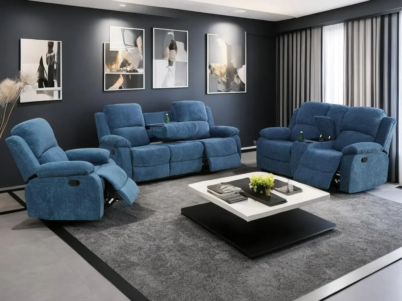 ROYAAL ™Living Room Sofa Set 3PCS Fabric Recliner Sofa Set Loveseat Couch Chair Set with Cup Holders Storage Console Living Room Furniture Sets