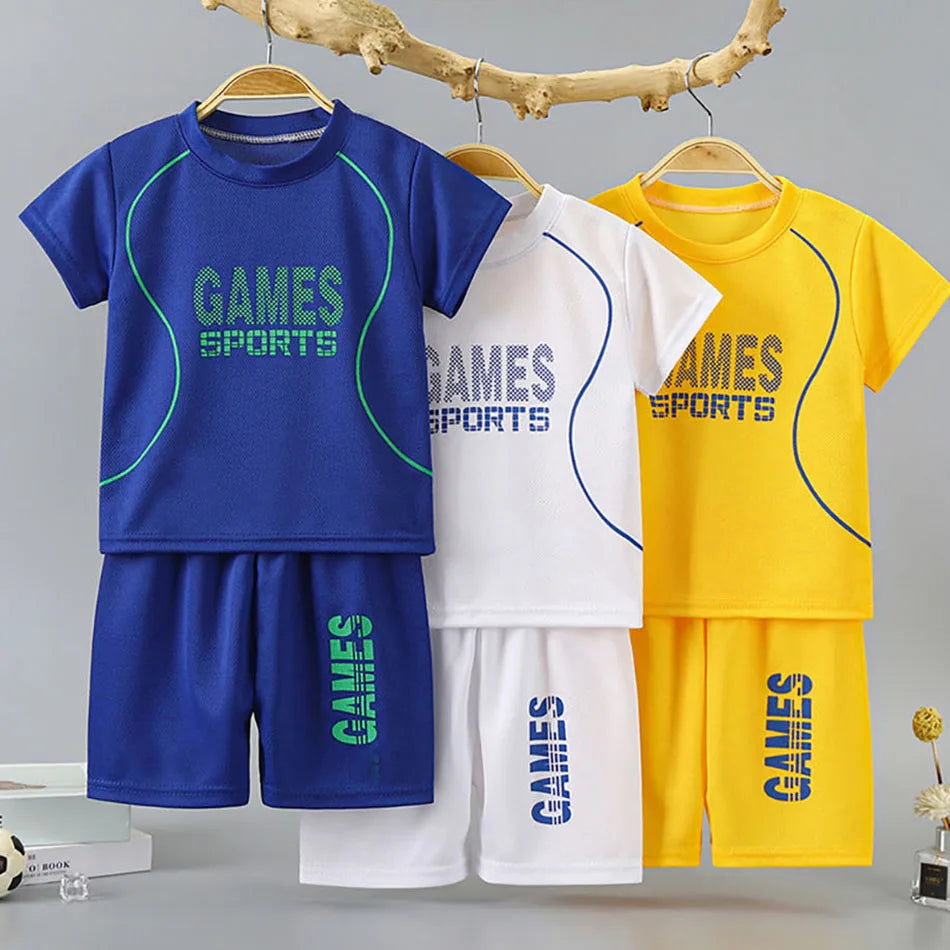 WEEGO™ Summer Collection Boys Basketball-Inspired Quick-Dry Home wear, Activity   Set Solid Color Sports Short and Sleeved Shorts Children Sets