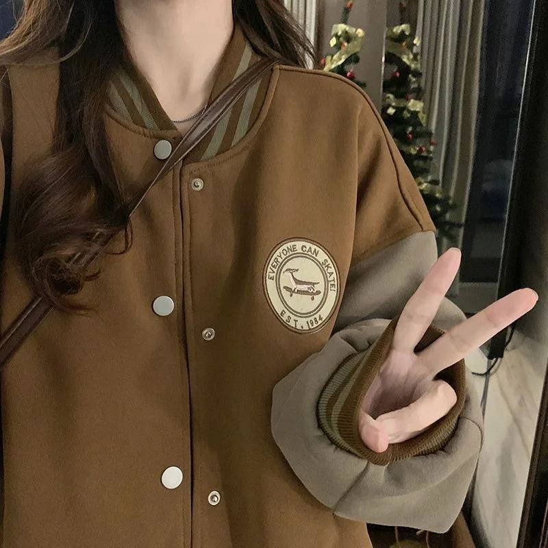 LAZYCHIC™ Retro Plush Baseball Jacket for Women Autumn/Winter Thickened Loose Fit Casual Outerwear