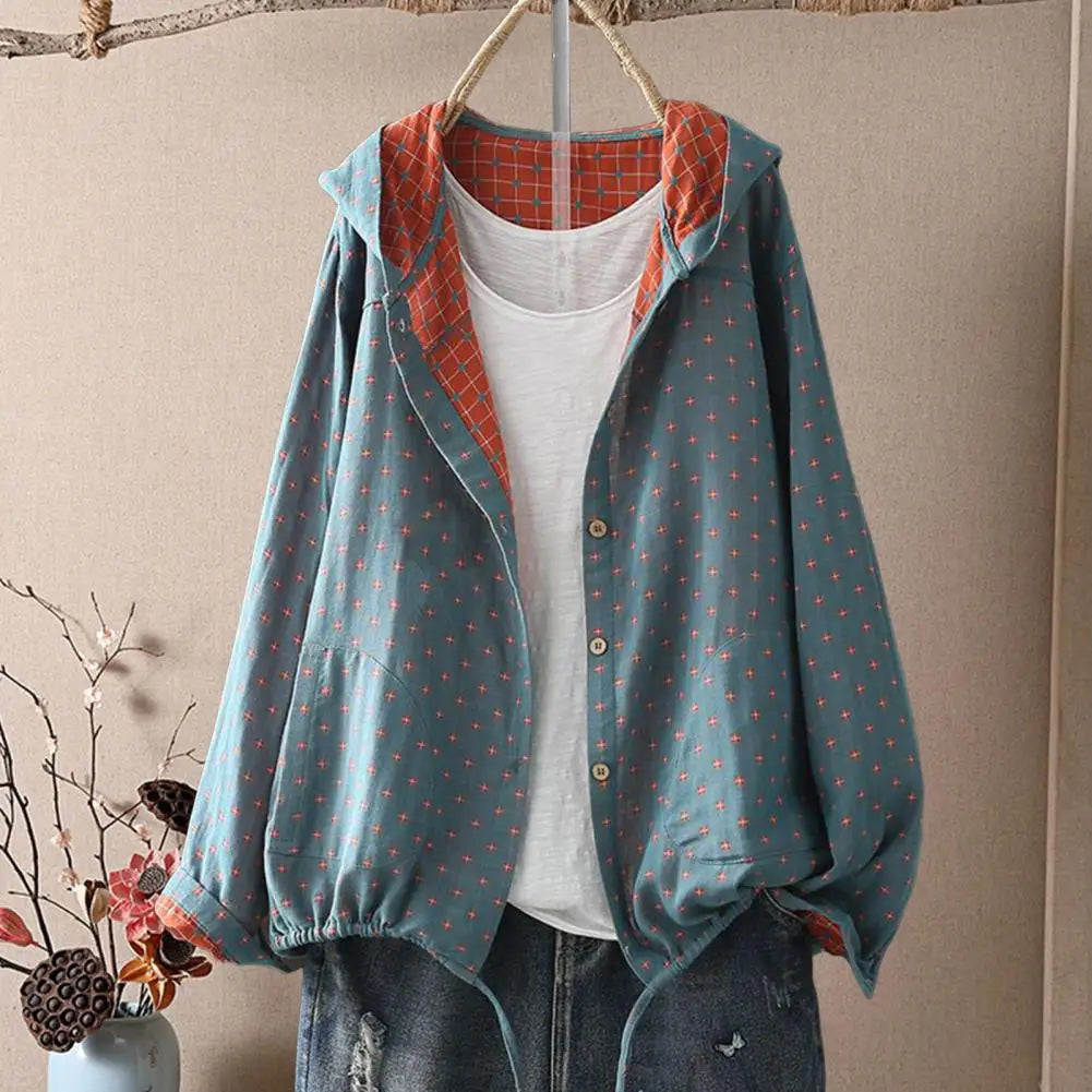 VESPA™ NEW Women Spring Autumn Coat Hooded Drawstring Hem Long Sleeve Printing Loose Zipper Closure Jacket with Pockets Daily Wear,