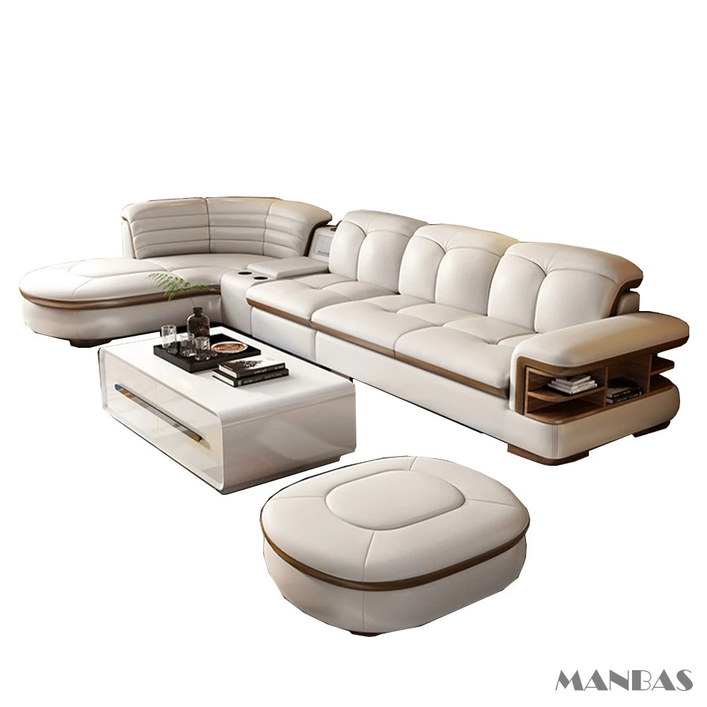 EXTRALUX ™Luxury L-Shaped Genuine Leather Sectional Sofa Sets with USB, Bluetooth Speaker - MINGDIBAO Living Room Italian Leather Couches