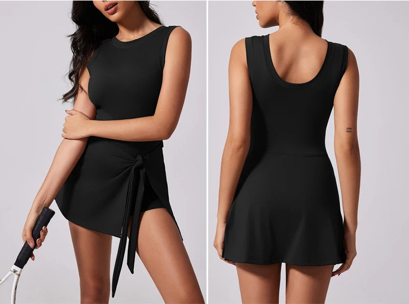 VITALINOVO™ | Women’s Sleeveless Tennis Dress with Built-In Shorts – Boat Neck Athletic Skort Dress for Active Workouts & Sports