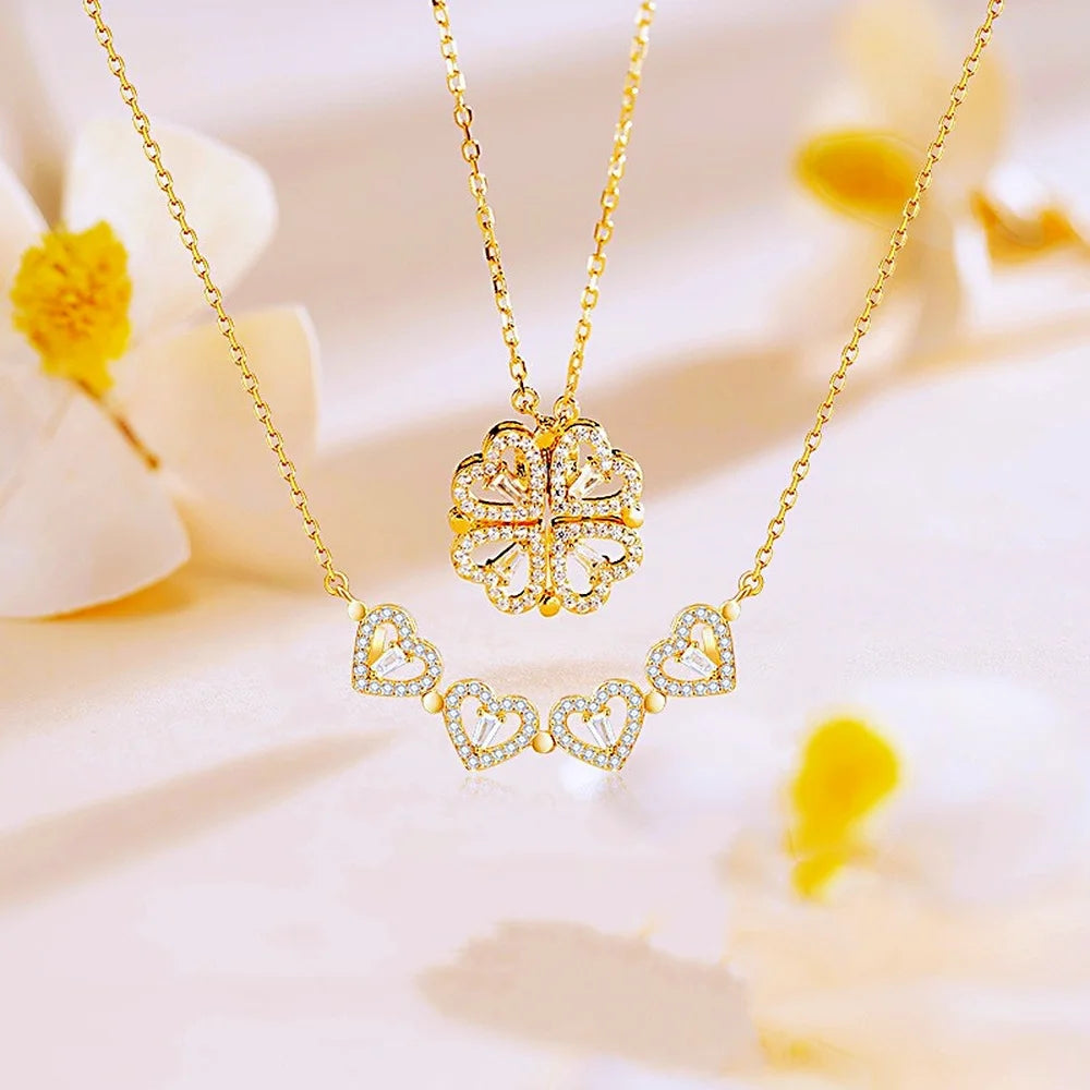 BARE ™️Stainless Steel Love Magnetic Pendant Necklace for Women Clover Necklace Heart Shaped Clover Necklace Pendant Jewelry Gift