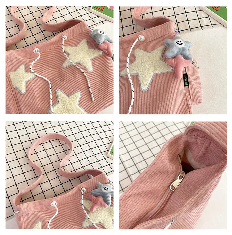 STARLOOM™ Simple Star Pattern Large Tote Bag, Corduroy Drawstring Shoulder Bag, Cute Tote Canvas Bag