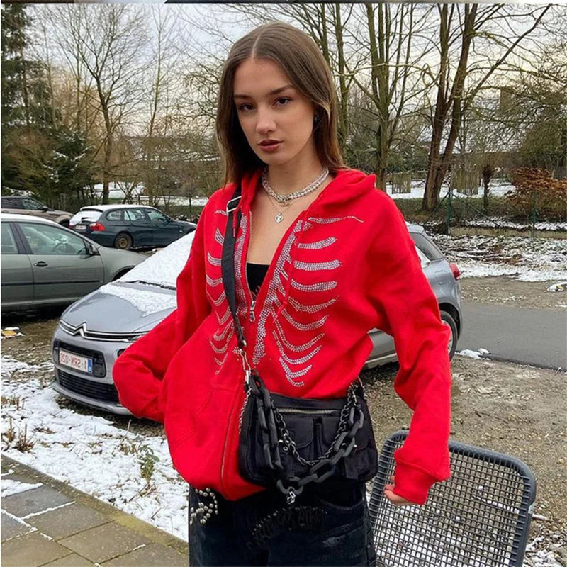 CHILL&THRILL™|Women Black Zip Up Oversized Sweatshirt, Streetwear Y2K Rhinestone Skeleton Hoodie