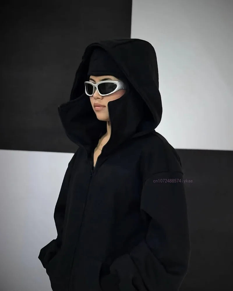 ALLZIPPEDUP ™️Black Cotton Zipper Hoodie Men Women Ins New Masked Tide Warm Sweatshirt Fall Winter Long-sleeved Couple Outdoor Leisure Jacket