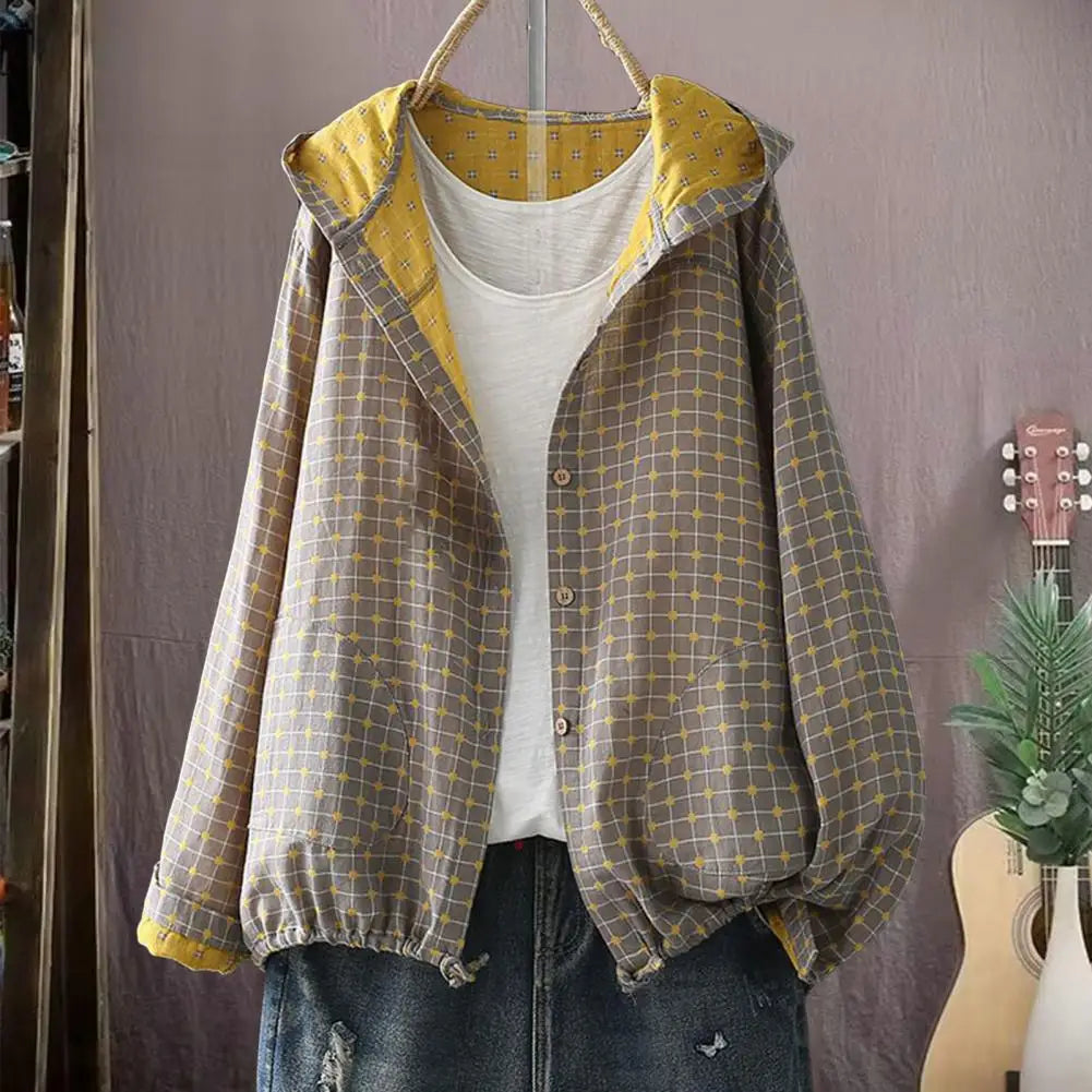 VESPA™ NEW Women Spring Autumn Coat Hooded Drawstring Hem Long Sleeve Printing Loose Zipper Closure Jacket with Pockets Daily Wear,