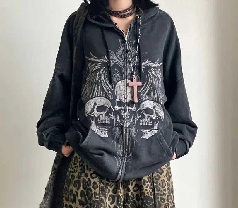 SKULLHAVEN™ | Dark Y2K Gothic American Retro Skull Print Zipper Hoodie – Unisex Autumn/Winter Streetwear Couple’s Hooded Coat