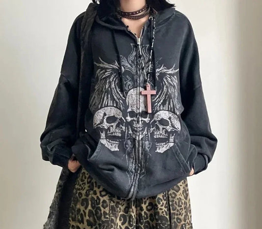 SKULLHAVEN™ | Dark Y2K Gothic American Retro Skull Print Zipper Hoodie – Unisex Autumn/Winter Streetwear Couple’s Hooded Coat