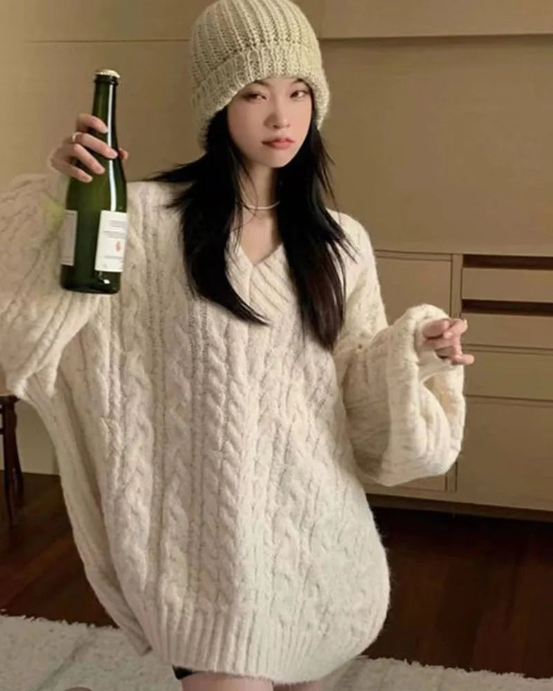 THE COZY COLLECTIVE™ |Adorable Autumn/Winter Sweater for Women, Oversized Knitted Pullovers Long Sleeve V Neck Knitwear