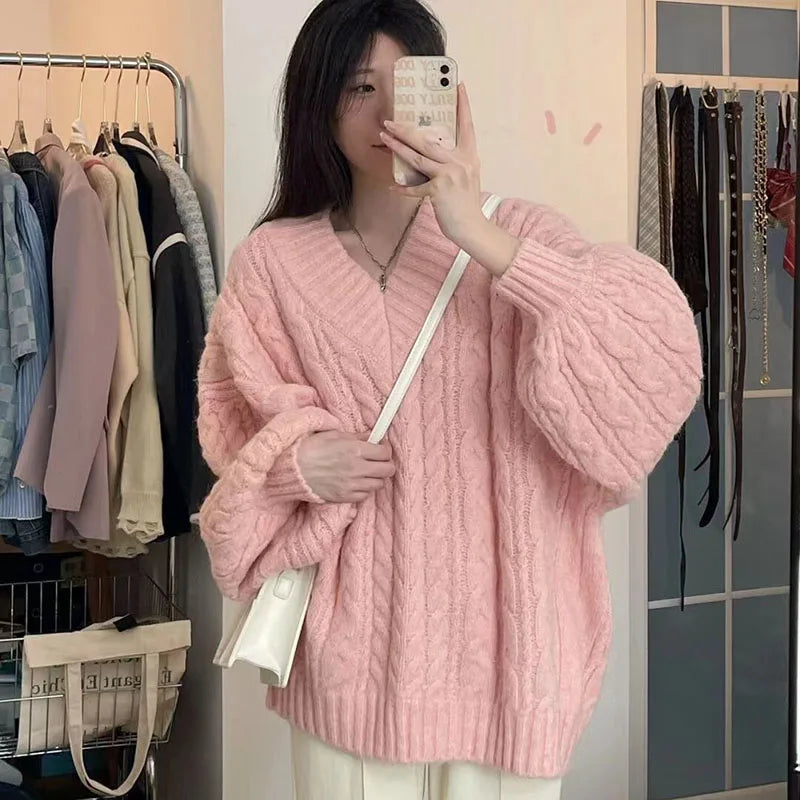 THE COZY COLLECTIVE™ |Adorable Autumn/Winter Sweater for Women, Oversized Knitted Pullovers Long Sleeve V Neck Knitwear