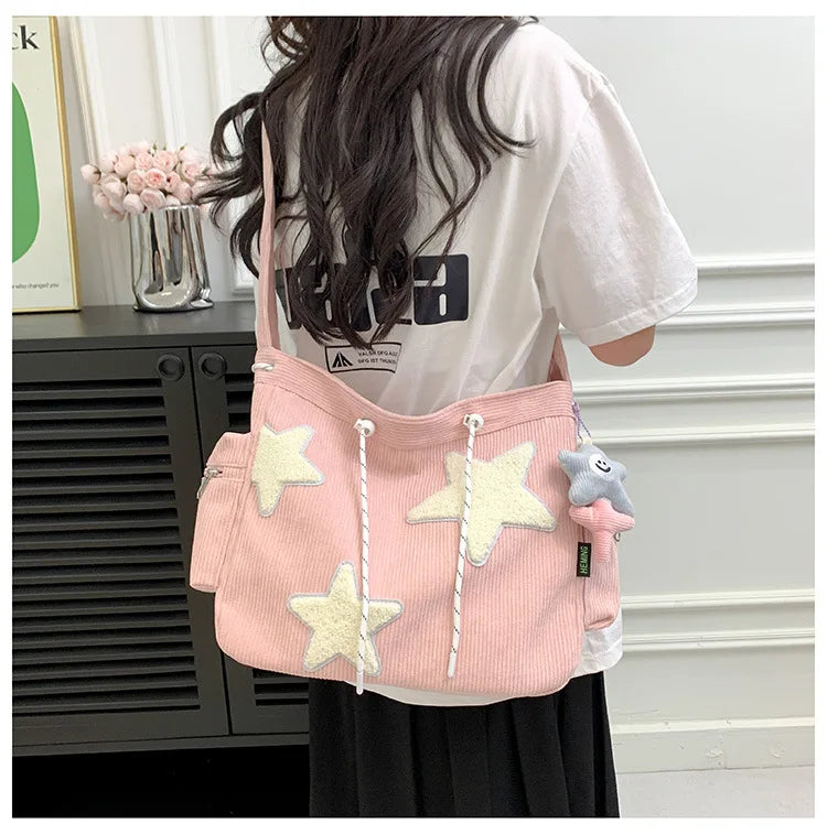 STARLOOM™ Simple Star Pattern Large Tote Bag, Corduroy Drawstring Shoulder Bag, Cute Tote Canvas Bag