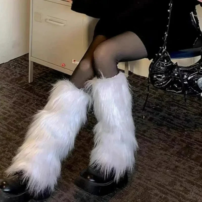 KAWAICORE™ | Lolita Plush Fur Leg Warmers – Japanese Y2K Style, White/Black Thickened Knee-Length Stockings & Boot Covers for Winter