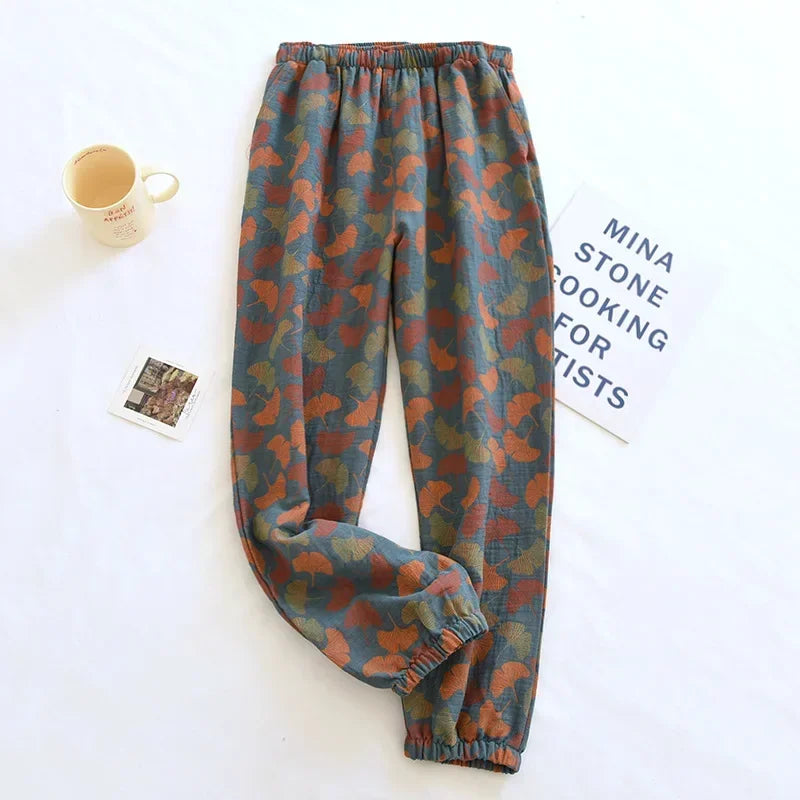 WOMAZE™ 2025 New Spring Summer Women's Pajamas 100% Cotton Crepe Pants Women's Comfortable Loose Large Leaf Home Pants Thin bottoms