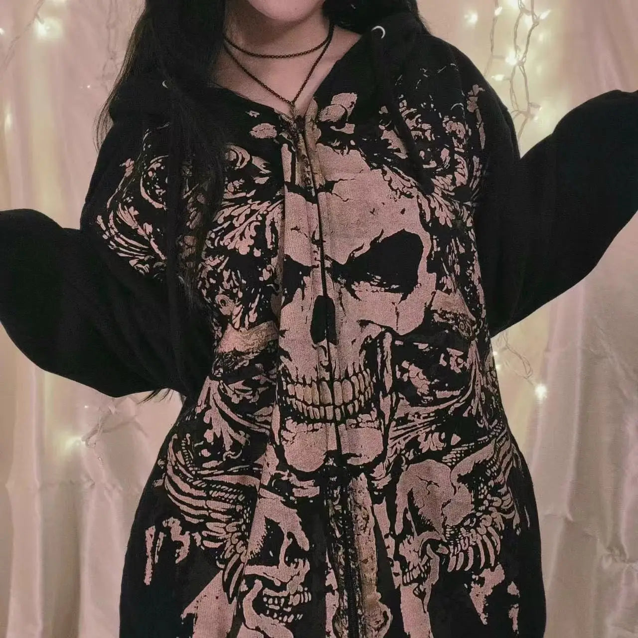 SKULLHAVEN™ | Dark Y2K Gothic American Retro Skull Print Zipper Hoodie – Unisex Autumn/Winter Streetwear Couple’s Hooded Coat