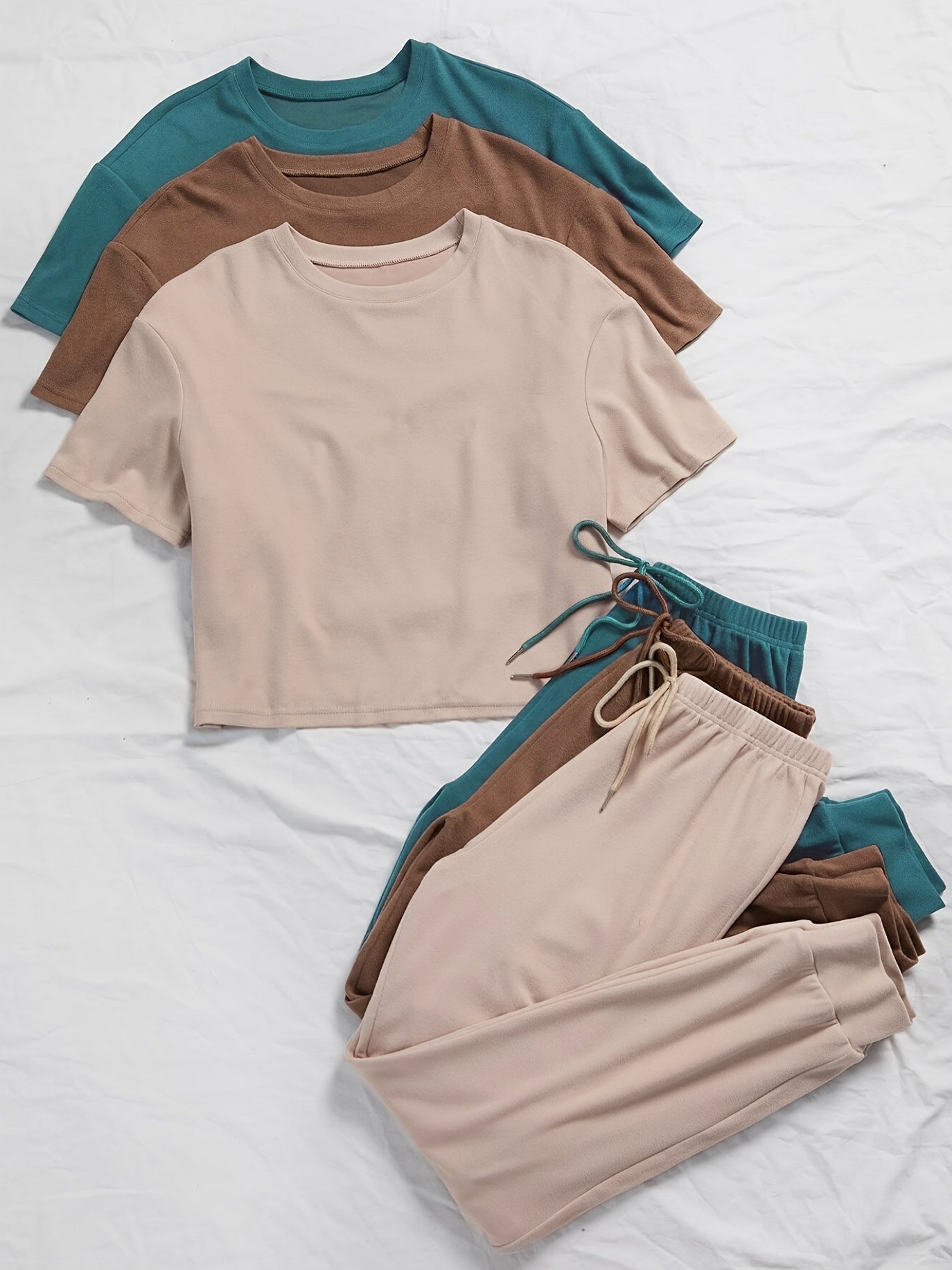 WEAR ™ 3 Sets Women's Solid Color Lounge Set, Comfortable Tee & Tie Front Pants, Relaxed Fit Casual Wear, Multiple Colors Available