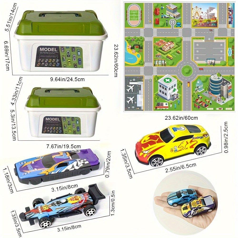 Pull-Back Racing Car Playset, Educational Inertia Vehicles with Track Map, Manual Push Play Cars, Includes Storage Box & Accessories, for Kids, Educational Toy for Boys & Girls Ages 3-6 Years