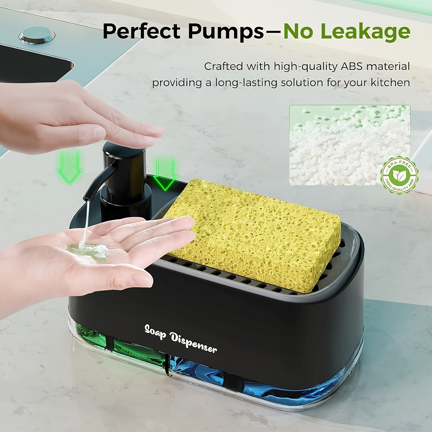 DISHWELL™ 4-In-1 Dish Soap Dispenser Set with Sponge Holder, Kitchen Countertop Bathroom Soap Dispenser, No-Bap Plastic, Freestanding, Battery-Free, Perfect Pumps, Leakproof,