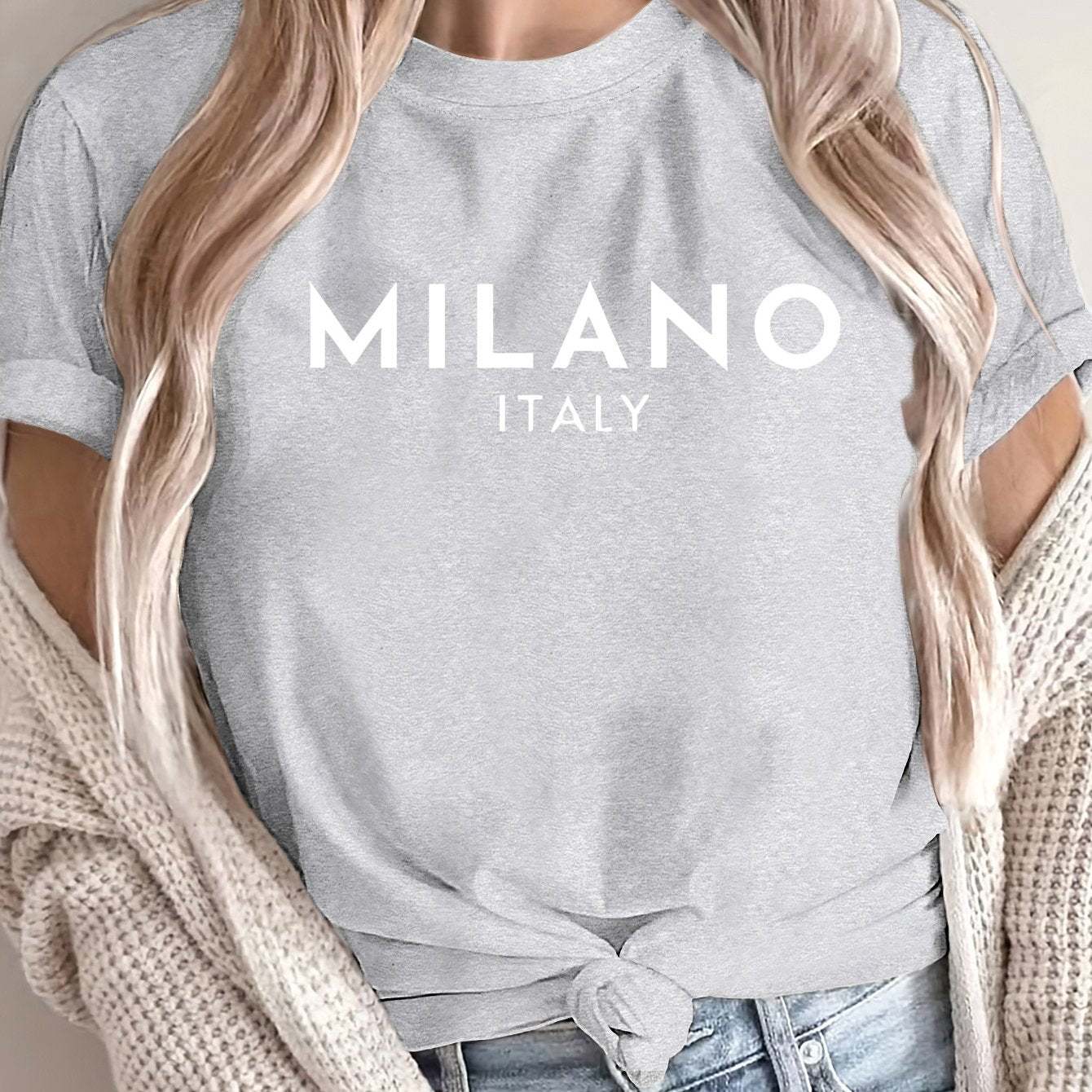 MILANO ™️ Women's Casual Polyester T-Shirt with "Milano Italy" Letter Print, Short Sleeve Crew Neck Top, All-Season Knit Fabric Tee, Regular Length - 180gsm